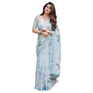 Cotton Floral Printed Grey & Blue Saree