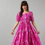 Square Neck, Puff Sleeves, A-Line Long Gown for Casual