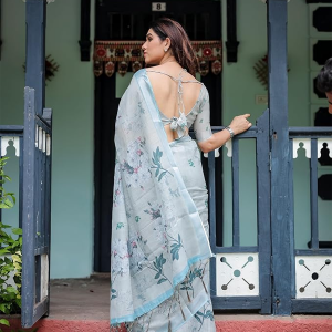 Cotton Floral Printed Grey & Blue Saree