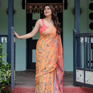 store Linen Cotton Floral Printed Peach Saree