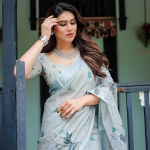 Cotton Floral Printed Grey & Blue Saree