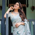 Cotton Floral Printed Grey & Blue Saree