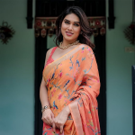 store Linen Cotton Floral Printed Peach Saree